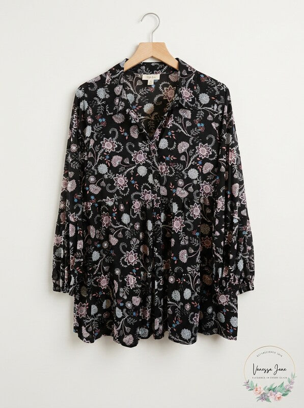 Style &amp; Co Button-Down Printed Peplum Top, Size Large