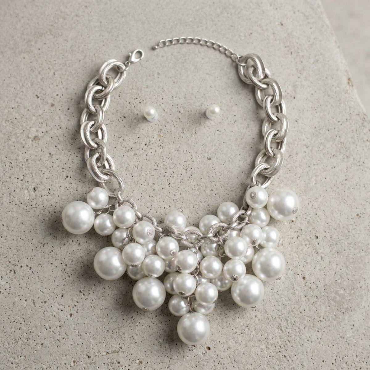 White Pearl Cluster Chunky Bib Necklace &amp; Earring Set