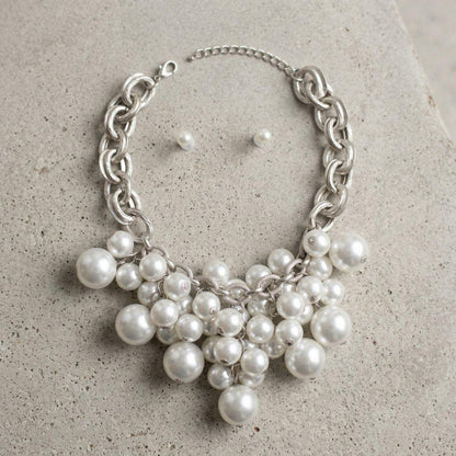 White Pearl Cluster Chunky Bib Necklace &amp; Earring Set