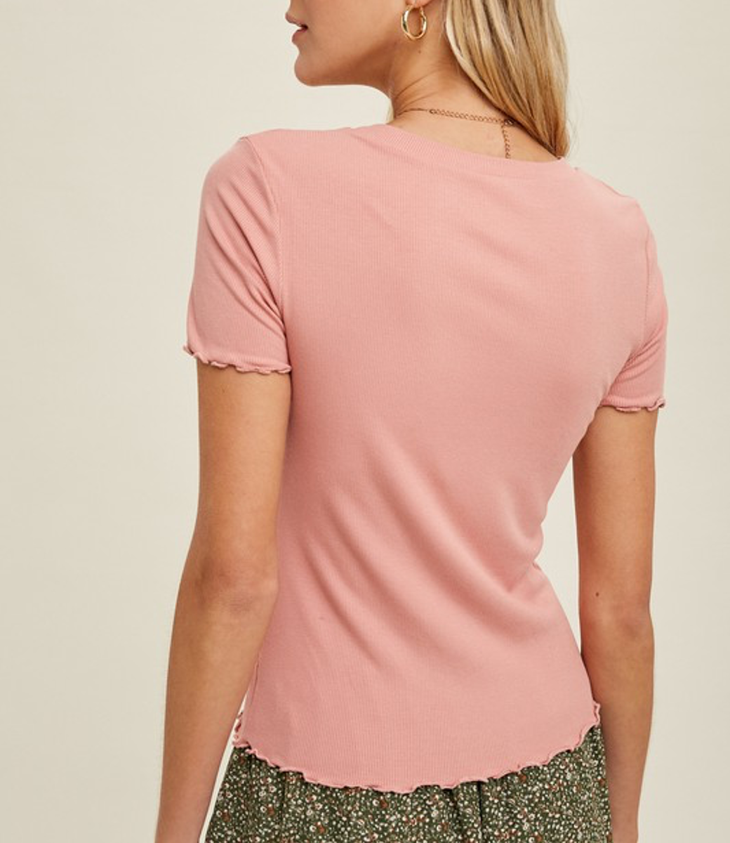 Ribbed Knit Top With Lettuce Trim - Ginger