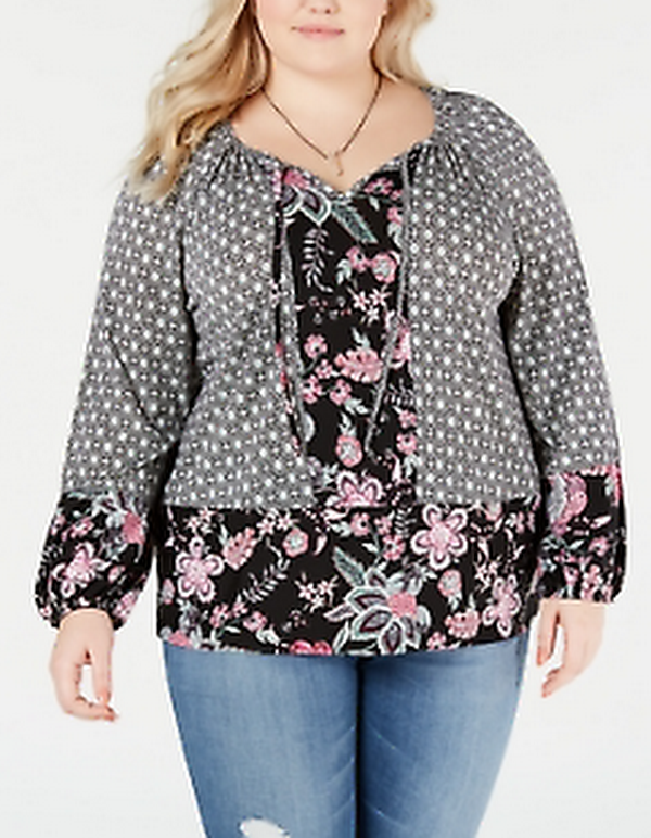 Style &amp; Co Plus Size Mixed-Print Bishop-Sleeve Top