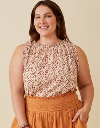 Curvy Ruffle Detail Ditsy Tank - Cream