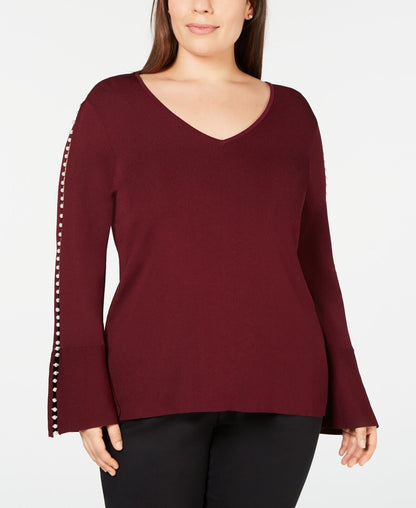 I.n.c. Plus Size Pearl-Trimmed V-Neck Sweater