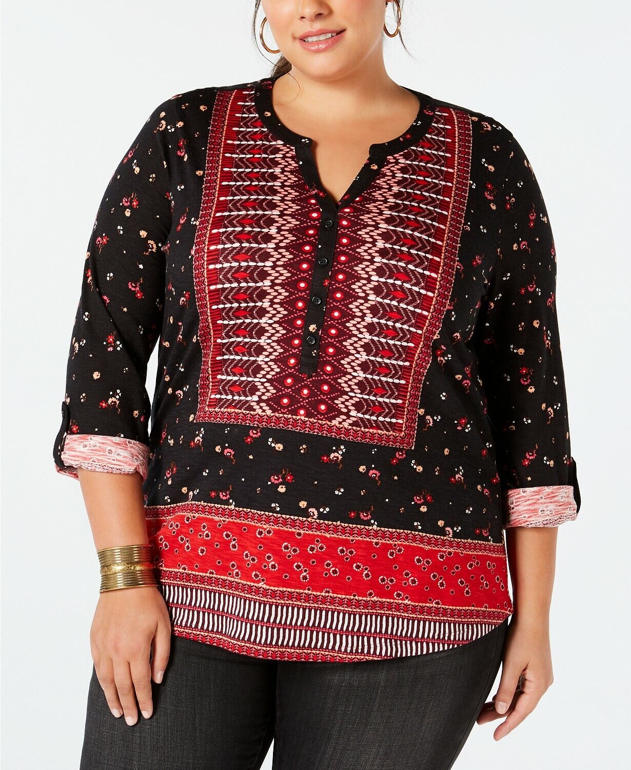 Style &amp; Co Plus Size Printed Roll-Tab Top, Size 2X