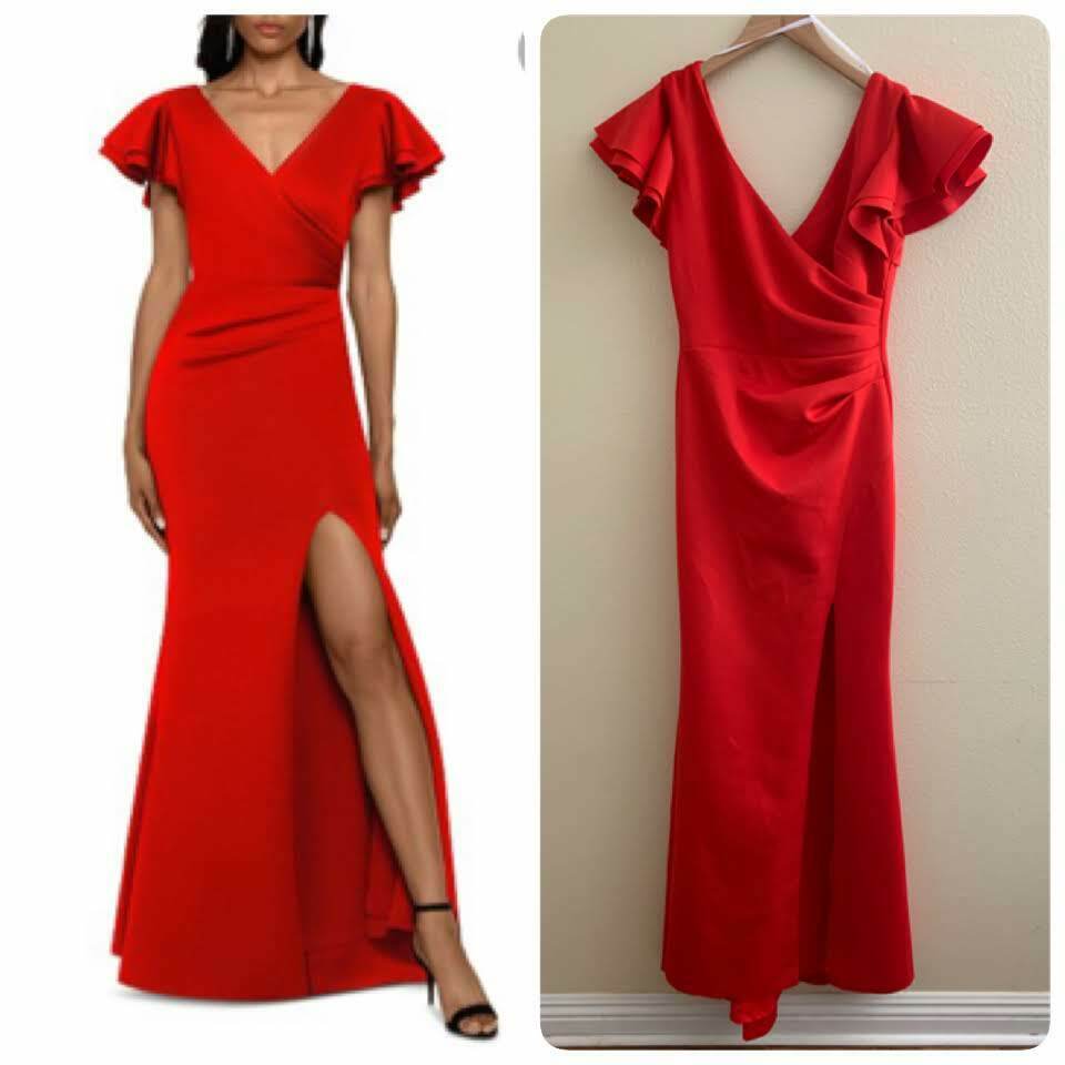 Betsy &amp; Adam Ruffled-Sleeve Slit Scuba Gown, Size 8P