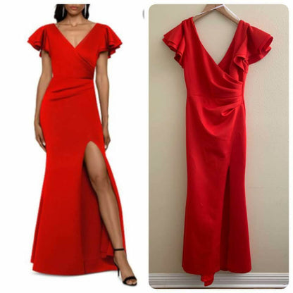 Betsy &amp; Adam Ruffled-Sleeve Slit Scuba Gown, Size 8P