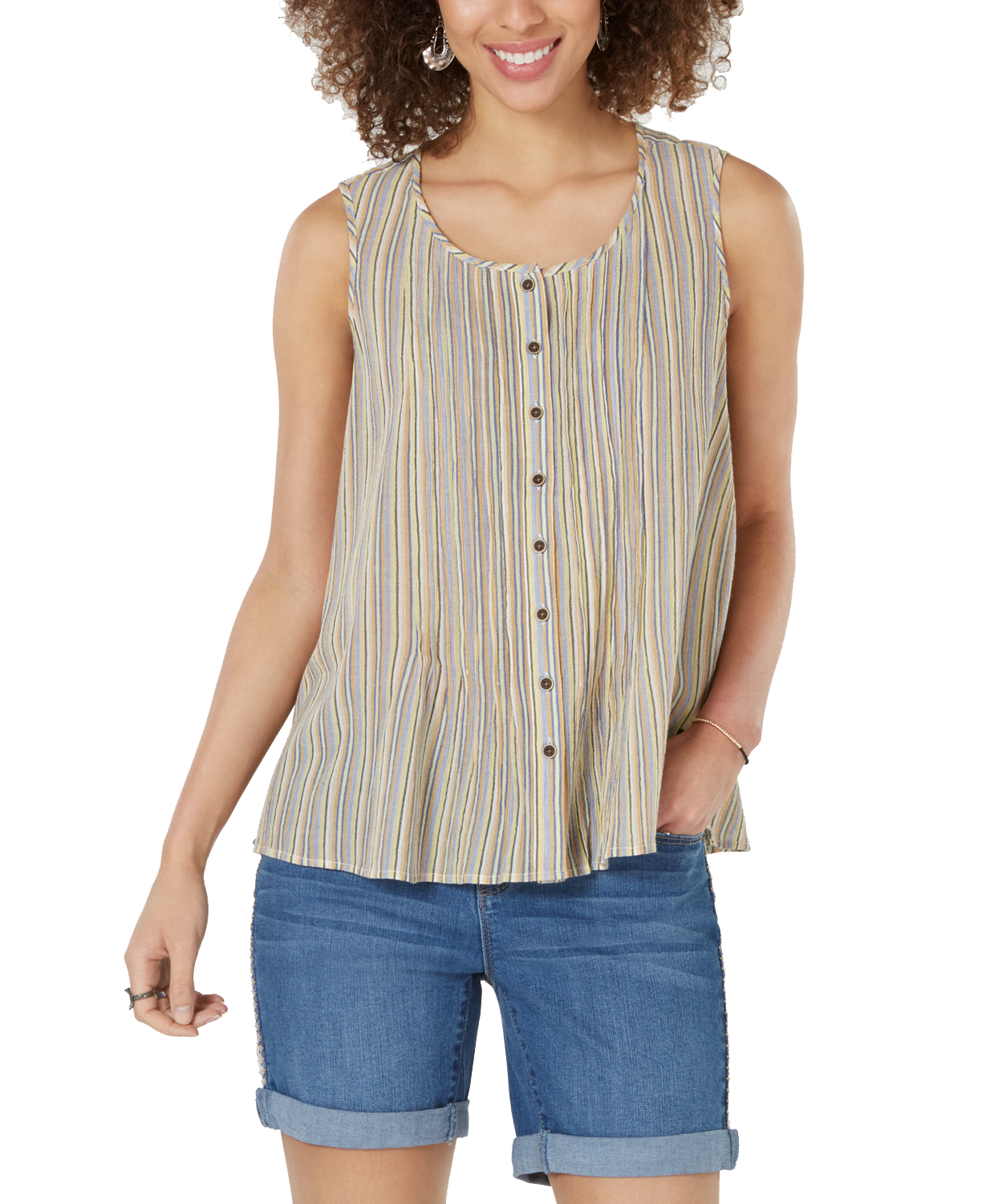 Style &amp; Co Cotton Striped Button-Front Top,Size Small