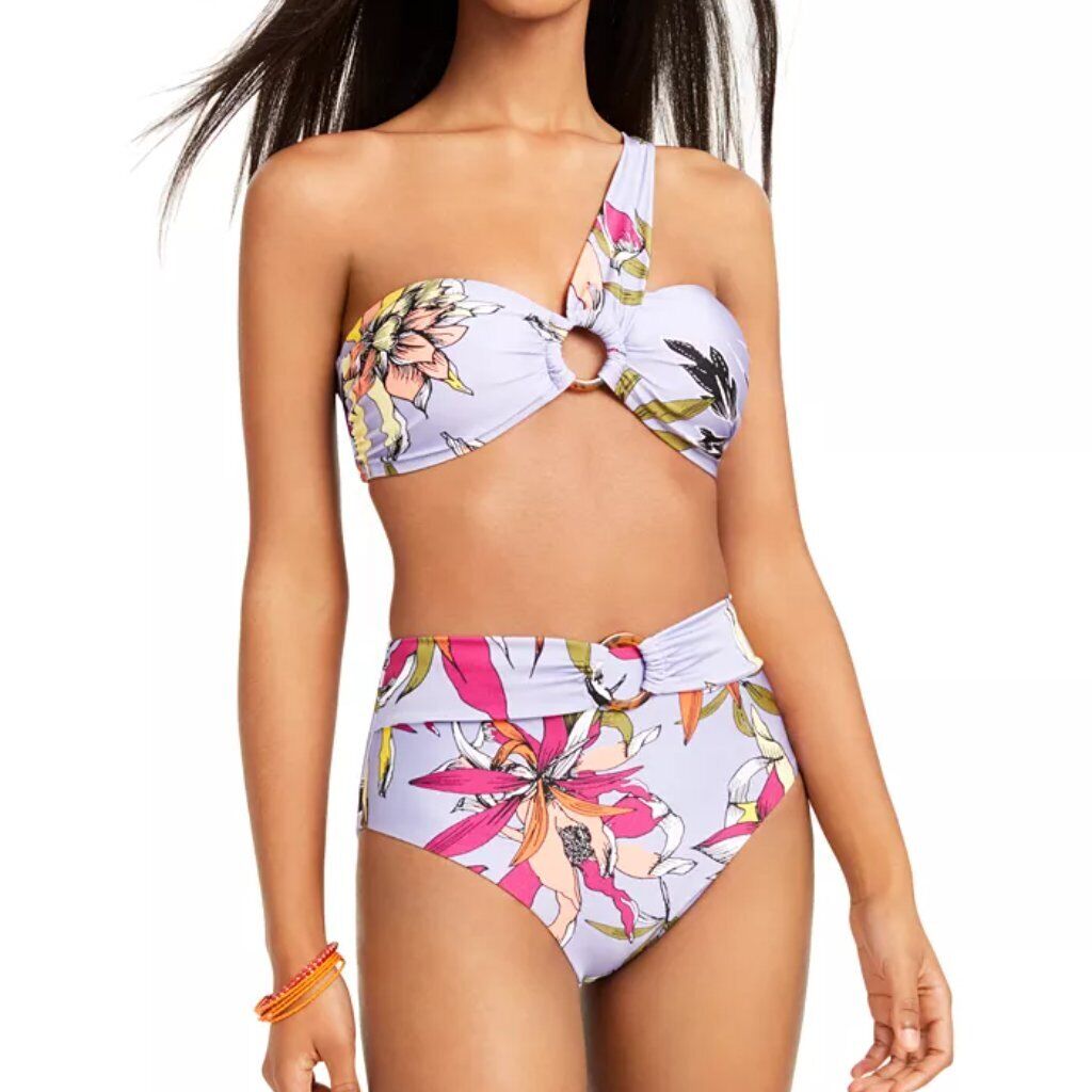 Bar III Printed High-Waist Bikini Bottoms Wild Tropic, Purple, Size XS