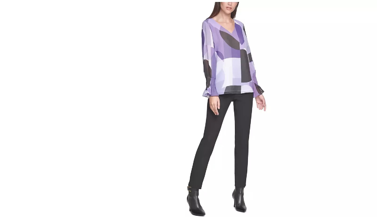 Calvin Klein Pleated-Sleeve Abstract-Print Top, Size Small