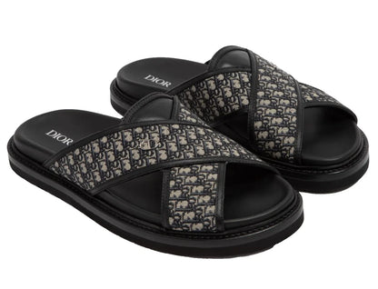 Dior Mens Aqua Sandal Beige Black Blue Oblique Jacquard Logo Slide Slip On