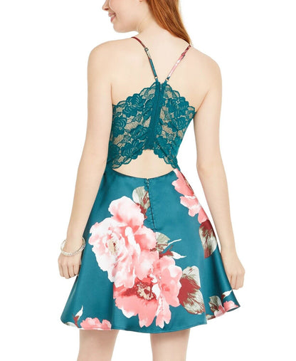 City Studios Juniors Lace-Back Floral-Print Fit &amp; Flare Dress, Size 11