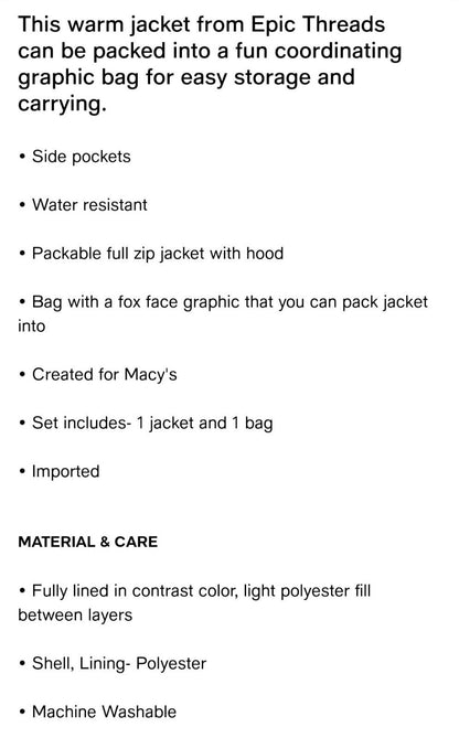 Epic Threads Little Kids Water-Resistant Packable Pals Jacket