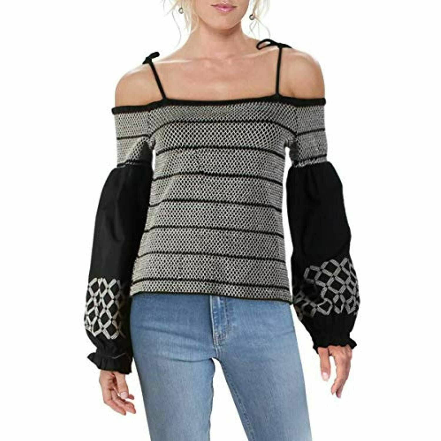 INC Womens Black &amp; White Smocked Embroidered Spaghetti Strap Top, Size Small