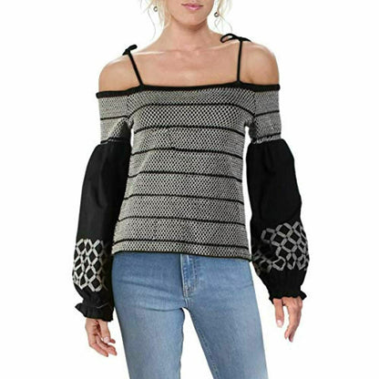 INC Womens Black &amp; White Smocked Embroidered Spaghetti Strap Top, Size Small