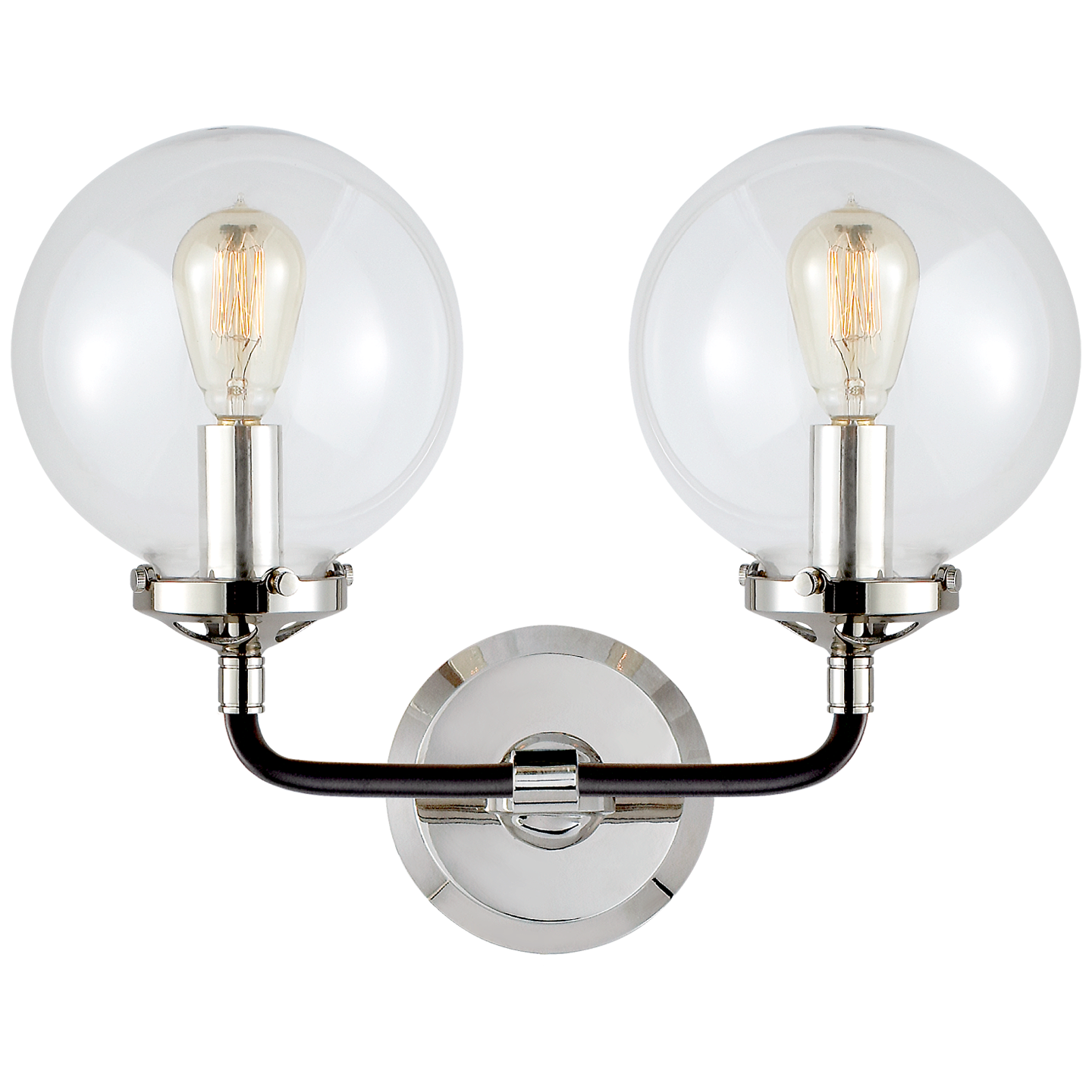 Bistro Double Light Curved Sconce Polished nickel and Black with Clear