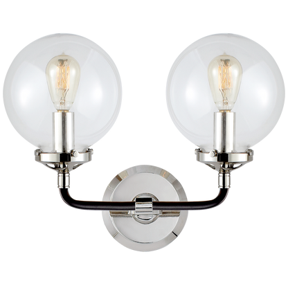 Bistro Double Light Curved Sconce Polished nickel and Black with Clear