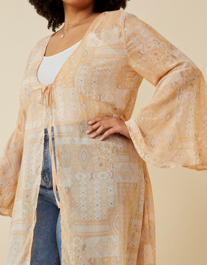 Sheer Patch Print Chiffon Tie- Front Duster - Tan