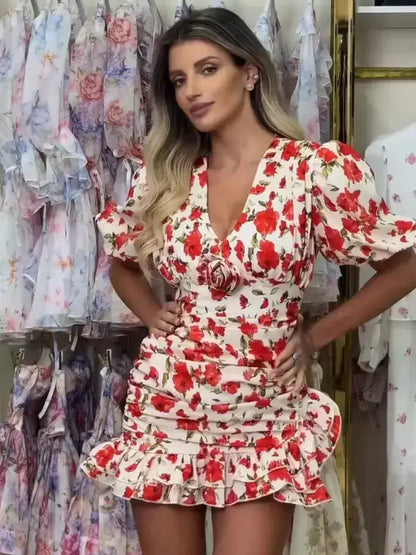 White Red Floral Ruched Puff Sleeve Mini Dress V-neck Ruffle Hem 3d Rose Dresses 2026 Summer Lady Party Sweet Date Vestidos New by Dropshipman