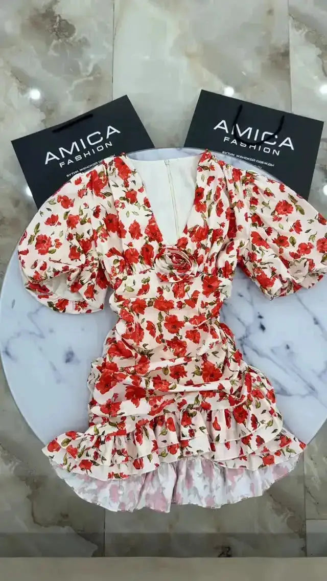 White Red Floral Ruched Puff Sleeve Mini Dress V-neck Ruffle Hem 3d Rose Dresses 2026 Summer Lady Party Sweet Date Vestidos New by Dropshipman