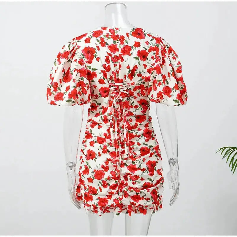 White Red Floral Ruched Puff Sleeve Mini Dress V-neck Ruffle Hem 3d Rose Dresses 2026 Summer Lady Party Sweet Date Vestidos New by Dropshipman