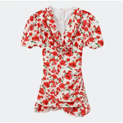 White Red Floral Ruched Puff Sleeve Mini Dress V-neck Ruffle Hem 3d Rose Dresses 2026 Summer Lady Party Sweet Date Vestidos New by Dropshipman