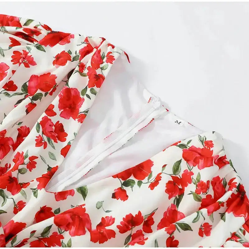 White Red Floral Ruched Puff Sleeve Mini Dress V-neck Ruffle Hem 3d Rose Dresses 2026 Summer Lady Party Sweet Date Vestidos New by Dropshipman