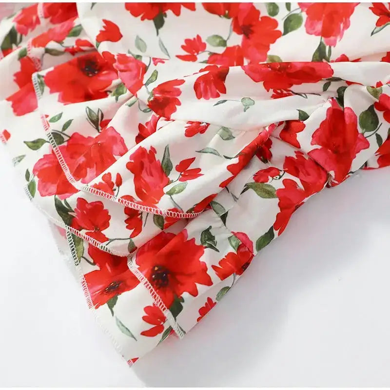 White Red Floral Ruched Puff Sleeve Mini Dress V-neck Ruffle Hem 3d Rose Dresses 2026 Summer Lady Party Sweet Date Vestidos New by Dropshipman