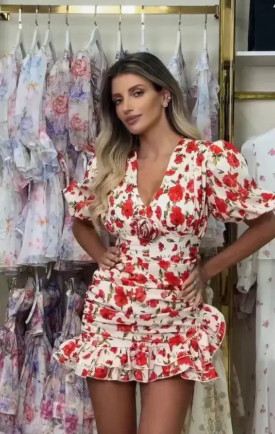 White Red Floral Ruched Puff Sleeve Mini Dress V-neck Ruffle Hem 3d Rose Dresses 2026 Summer Lady Party Sweet Date Vestidos New by Dropshipman