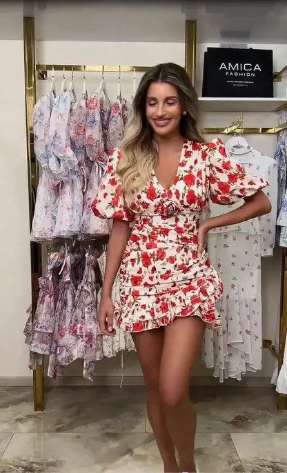 White Red Floral Ruched Puff Sleeve Mini Dress V-neck Ruffle Hem 3d Rose Dresses 2026 Summer Lady Party Sweet Date Vestidos New by Dropshipman