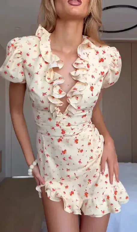 White Red Floral Ruched Puff Sleeve Mini Dress V-neck Ruffle Hem 3d Rose Dresses 2026 Summer Lady Party Sweet Date Vestidos New by Dropshipman