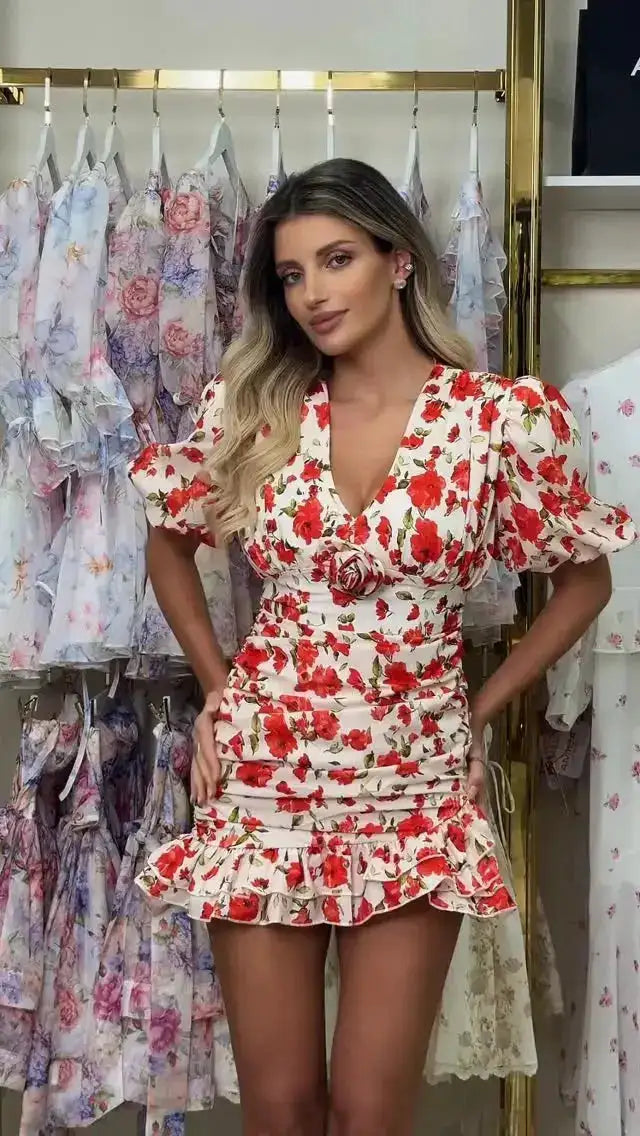 White Red Floral Ruched Puff Sleeve Mini Dress V-neck Ruffle Hem 3d Rose Dresses 2026 Summer Lady Party Sweet Date Vestidos New by Dropshipman