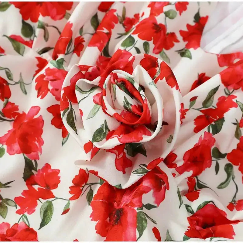 White Red Floral Ruched Puff Sleeve Mini Dress V-neck Ruffle Hem 3d Rose Dresses 2026 Summer Lady Party Sweet Date Vestidos New by Dropshipman