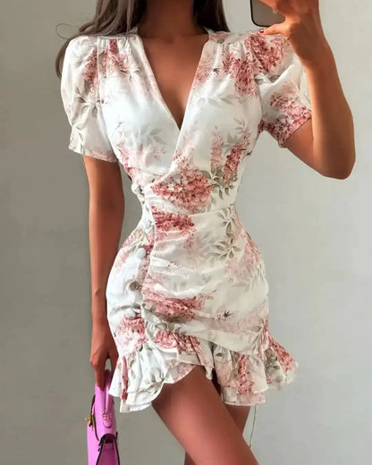 White Red Floral Ruched Puff Sleeve Mini Dress V-neck Ruffle Hem 3d Rose Dresses 2026 Summer Lady Party Sweet Date Vestidos New by Dropshipman
