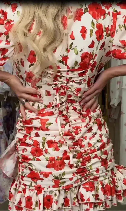White Red Floral Ruched Puff Sleeve Mini Dress V-neck Ruffle Hem 3d Rose Dresses 2026 Summer Lady Party Sweet Date Vestidos New by Dropshipman