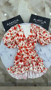 White Red Floral Ruched Puff Sleeve Mini Dress V-neck Ruffle Hem 3d Rose Dresses 2026 Summer Lady Party Sweet Date Vestidos New SHOPEZRA L.L.C.