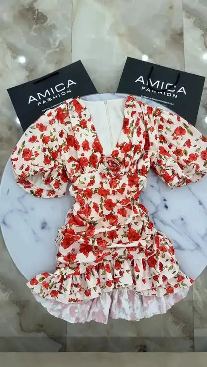 White Red Floral Ruched Puff Sleeve Mini Dress V-neck Ruffle Hem 3d Rose Dresses 2026 Summer Lady Party Sweet Date Vestidos New by Dropshipman