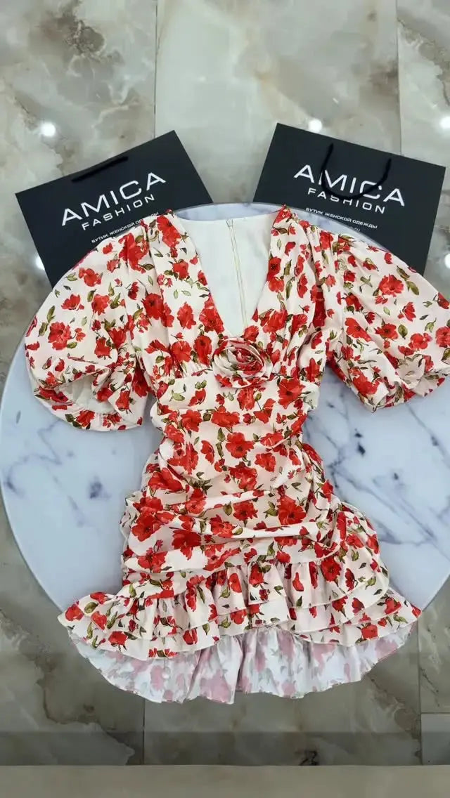 White Red Floral Ruched Puff Sleeve Mini Dress V-neck Ruffle Hem 3d Rose Dresses 2026 Summer Lady Party Sweet Date Vestidos New SHOPEZRA L.L.C.