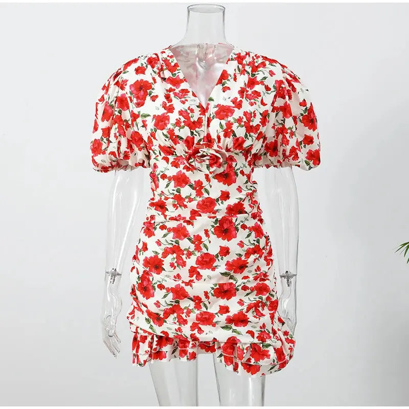 White Red Floral Ruched Puff Sleeve Mini Dress V-neck Ruffle Hem 3d Rose Dresses 2026 Summer Lady Party Sweet Date Vestidos New SHOPEZRA L.L.C.