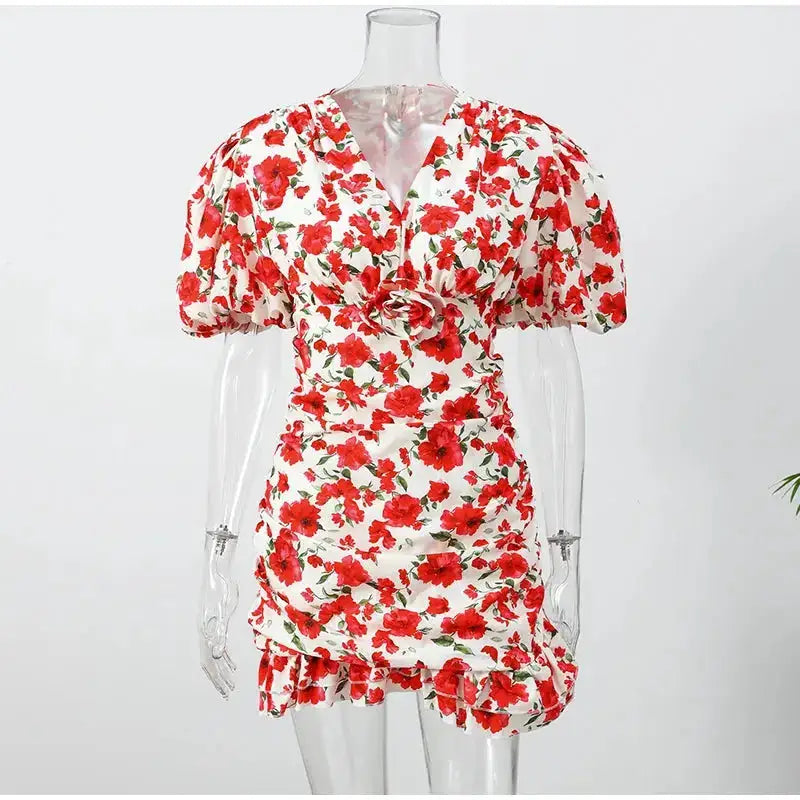 White Red Floral Ruched Puff Sleeve Mini Dress V-neck Ruffle Hem 3d Rose Dresses 2026 Summer Lady Party Sweet Date Vestidos New by Dropshipman