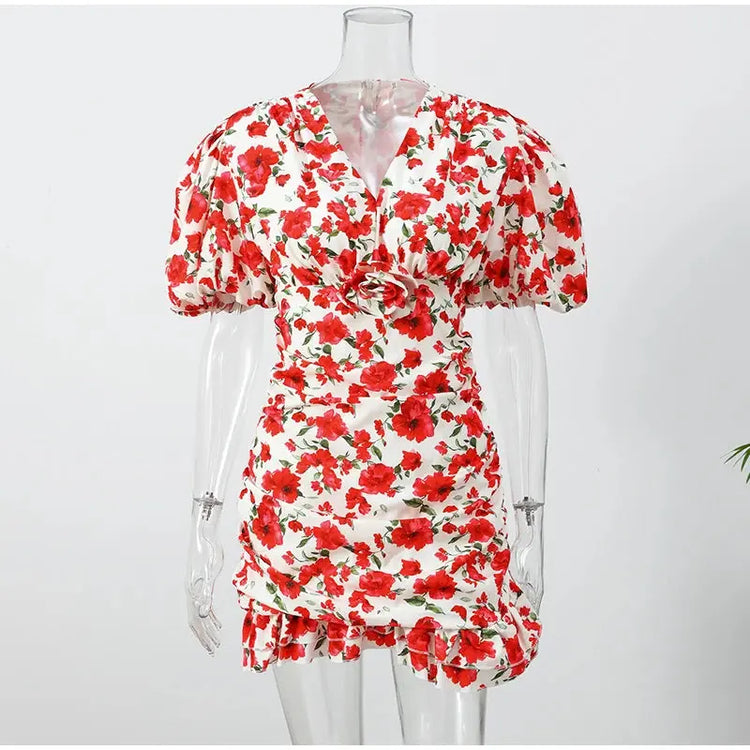 White Red Floral Ruched Puff Sleeve Mini Dress V-neck Ruffle Hem 3d Rose Dresses 2026 Summer Lady Party Sweet Date Vestidos New SHOPEZRA L.L.C.
