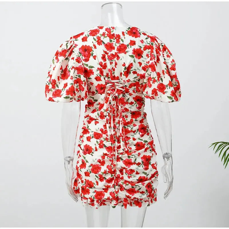 White Red Floral Ruched Puff Sleeve Mini Dress V-neck Ruffle Hem 3d Rose Dresses 2026 Summer Lady Party Sweet Date Vestidos New SHOPEZRA L.L.C.