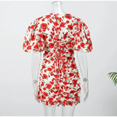 White Red Floral Ruched Puff Sleeve Mini Dress V-neck Ruffle Hem 3d Rose Dresses 2026 Summer Lady Party Sweet Date Vestidos New SHOPEZRA L.L.C.
