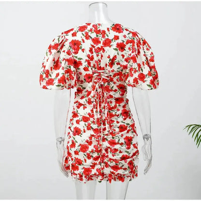 White Red Floral Ruched Puff Sleeve Mini Dress V-neck Ruffle Hem 3d Rose Dresses 2026 Summer Lady Party Sweet Date Vestidos New by Dropshipman