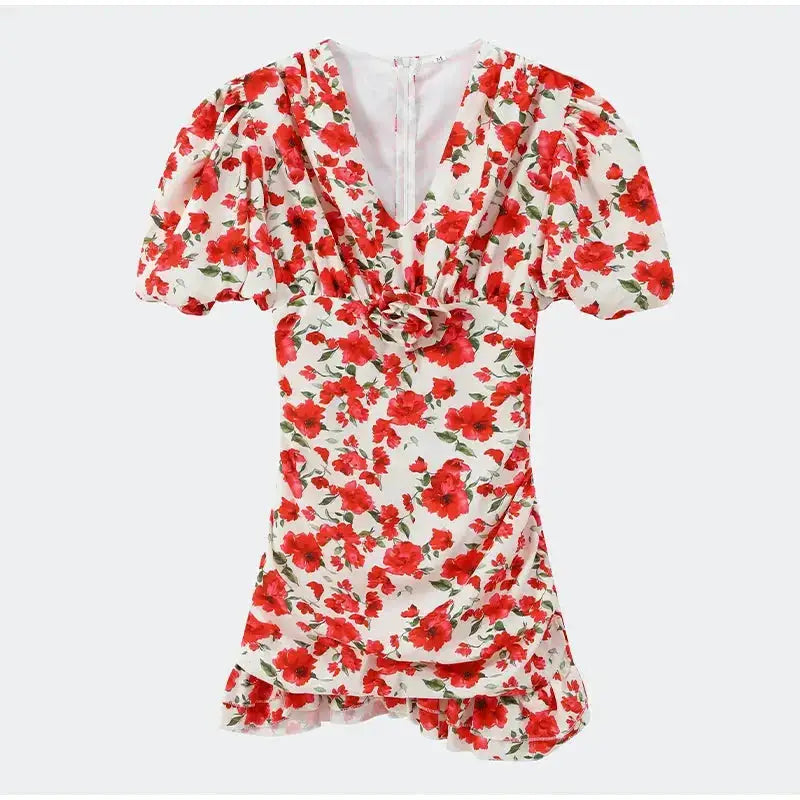 White Red Floral Ruched Puff Sleeve Mini Dress V-neck Ruffle Hem 3d Rose Dresses 2026 Summer Lady Party Sweet Date Vestidos New by Dropshipman