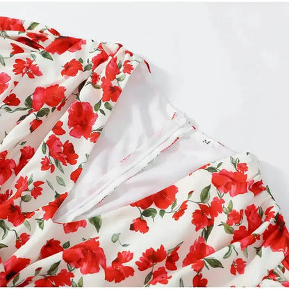 White Red Floral Ruched Puff Sleeve Mini Dress V-neck Ruffle Hem 3d Rose Dresses 2026 Summer Lady Party Sweet Date Vestidos New by Dropshipman