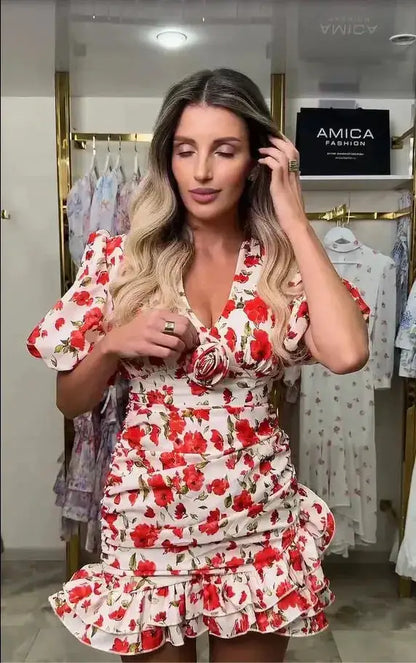 White Red Floral Ruched Puff Sleeve Mini Dress V-neck Ruffle Hem 3d Rose Dresses 2026 Summer Lady Party Sweet Date Vestidos New by Dropshipman