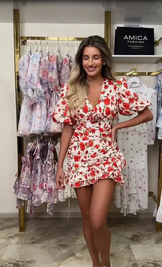 White Red Floral Ruched Puff Sleeve Mini Dress V-neck Ruffle Hem 3d Rose Dresses 2026 Summer Lady Party Sweet Date Vestidos New SHOPEZRA L.L.C.