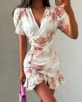 White Red Floral Ruched Puff Sleeve Mini Dress V-neck Ruffle Hem 3d Rose Dresses 2026 Summer Lady Party Sweet Date Vestidos New SHOPEZRA L.L.C.
