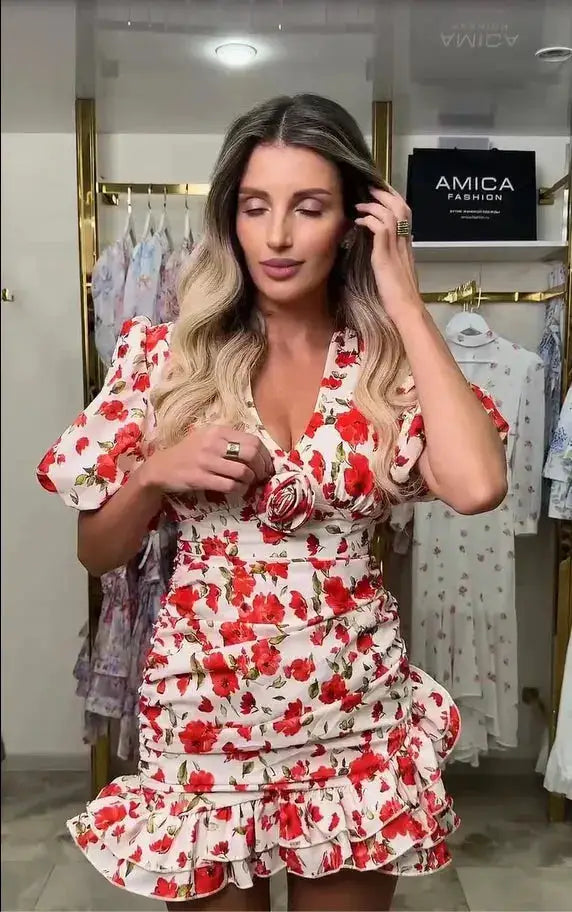 White Red Floral Ruched Puff Sleeve Mini Dress V-neck Ruffle Hem 3d Rose Dresses 2026 Summer Lady Party Sweet Date Vestidos New by Dropshipman