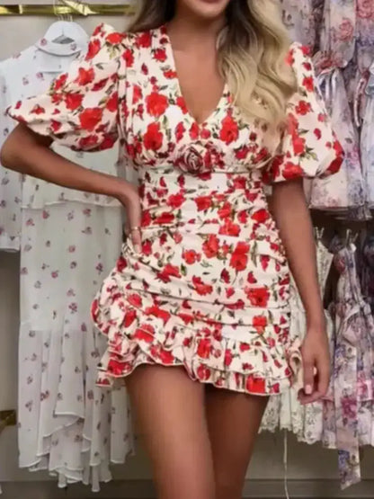White Red Floral Ruched Puff Sleeve Mini Dress V-neck Ruffle Hem 3d Rose Dresses 2026 Summer Lady Party Sweet Date Vestidos New by Dropshipman